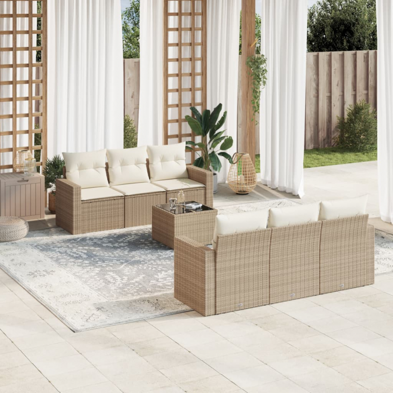 7-tlg. Garten-Sofagarnitur mit Kissen Beige Poly Rattan