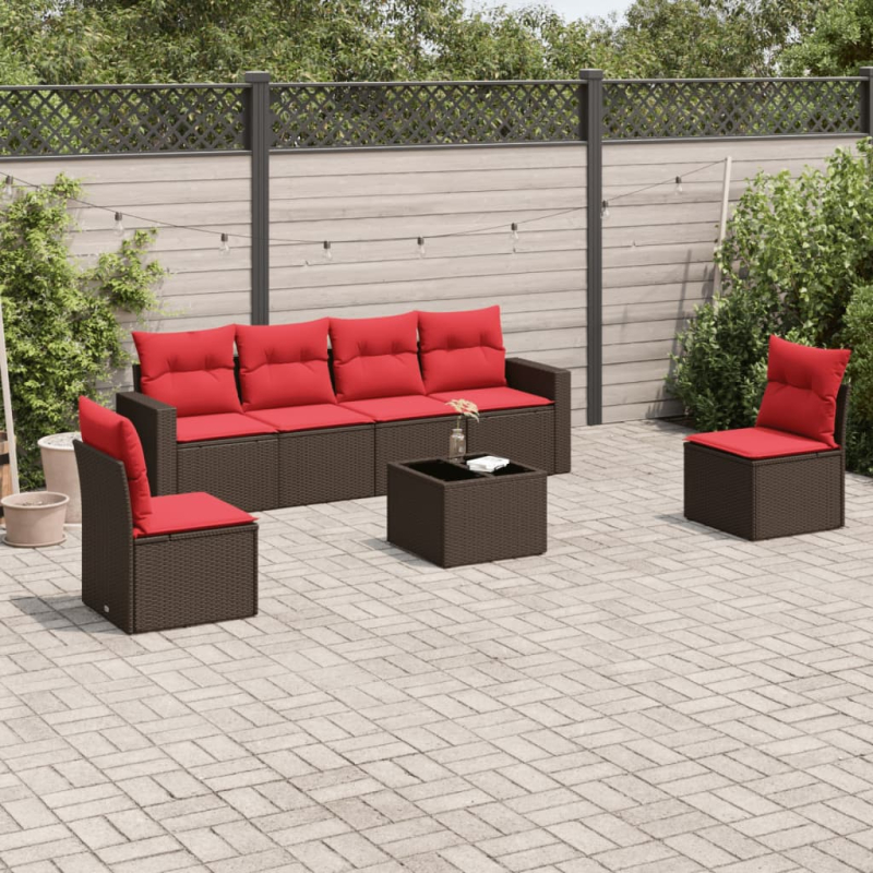 7-tlg. Garten-Sofagarnitur mit Kissen Braun Poly Rattan