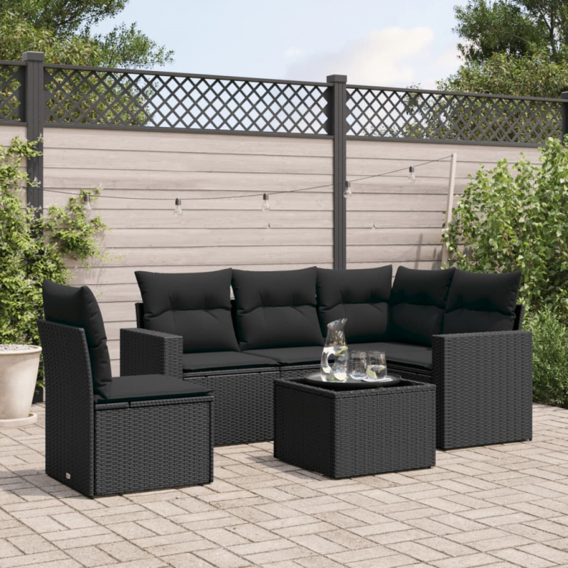 6-tlg. Garten-Sofagarnitur mit Kissen Schwarz Poly Rattan