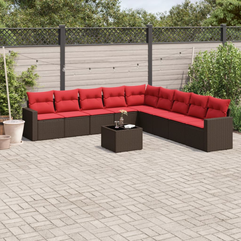 10-tlg. Garten-Sofagarnitur mit Kissen Braun Poly Rattan