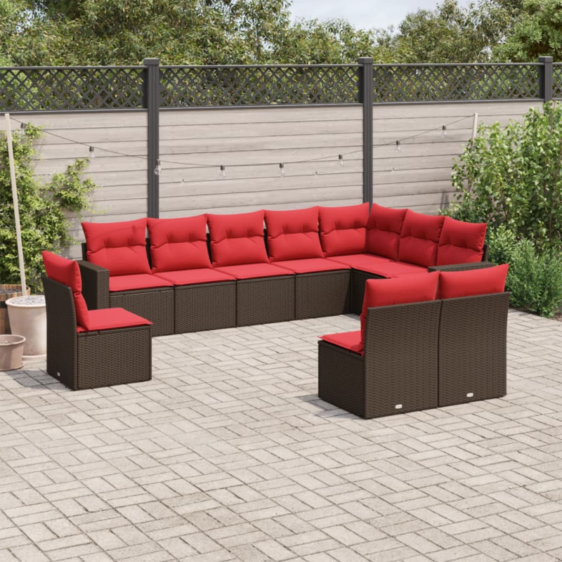 10-tlg. Garten-Sofagarnitur mit Kissen Braun Poly Rattan