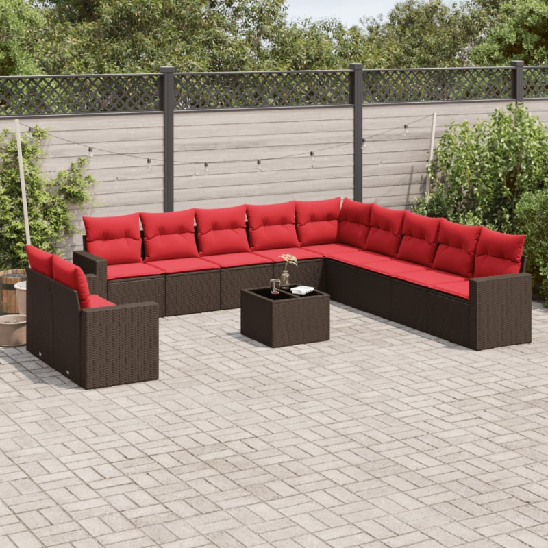 12-tlg. Garten-Sofagarnitur mit Kissen Braun Poly Rattan