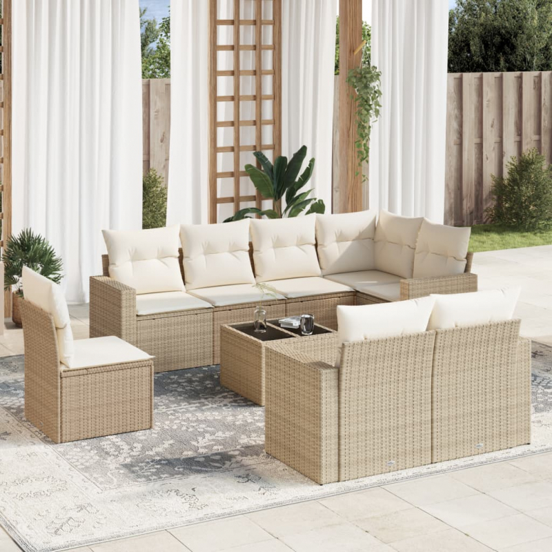 9-tlg. Garten-Sofagarnitur mit Kissen Beige Poly Rattan