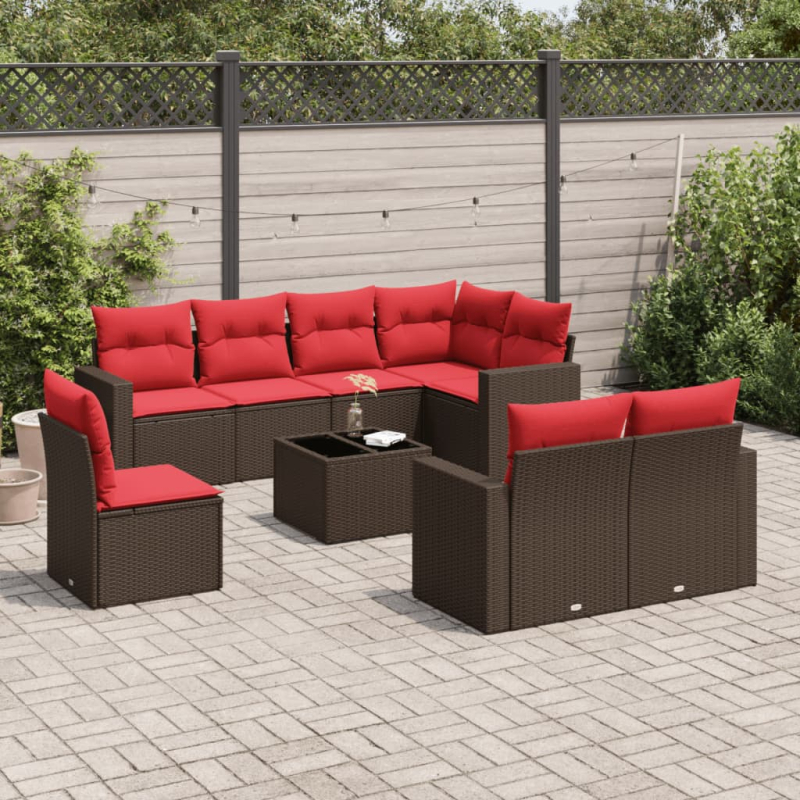 9-tlg. Garten-Sofagarnitur mit Kissen Braun Poly Rattan