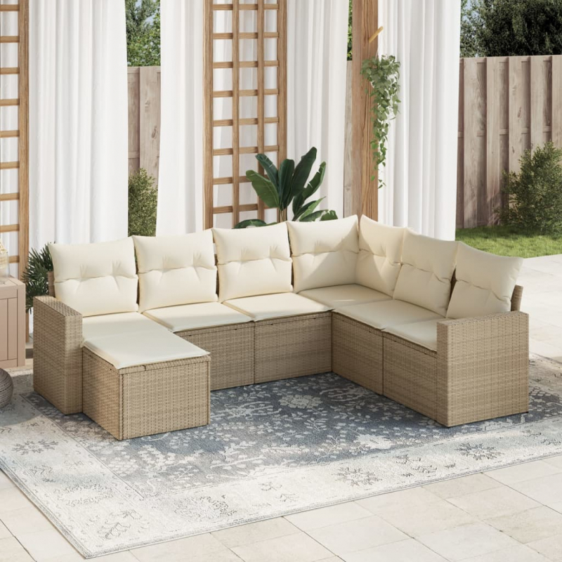 7-tlg. Garten-Sofagarnitur mit Kissen Beige Poly Rattan