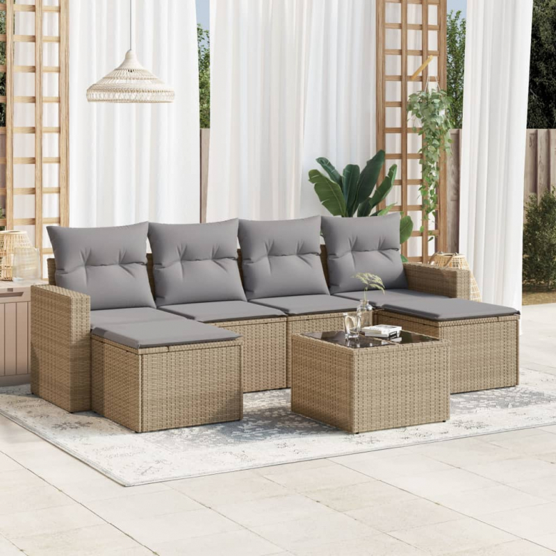 7-tlg. Garten-Sofagarnitur mit Kissen Beige Poly Rattan