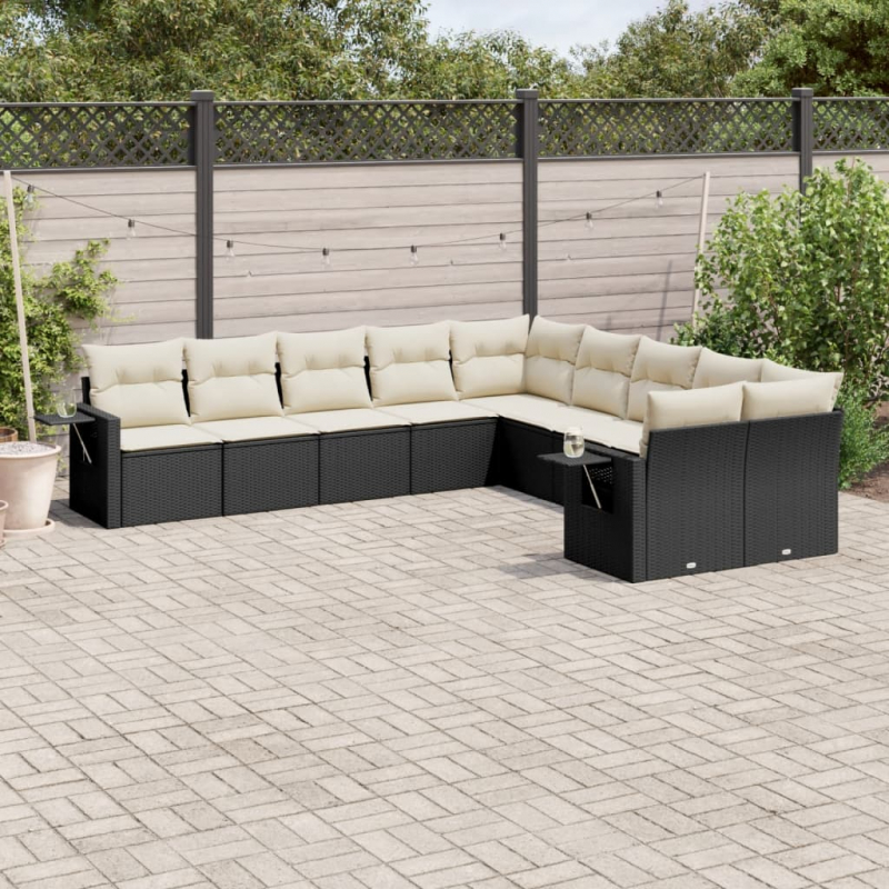 10-tlg. Garten-Sofagarnitur mit Kissen Schwarz Poly Rattan