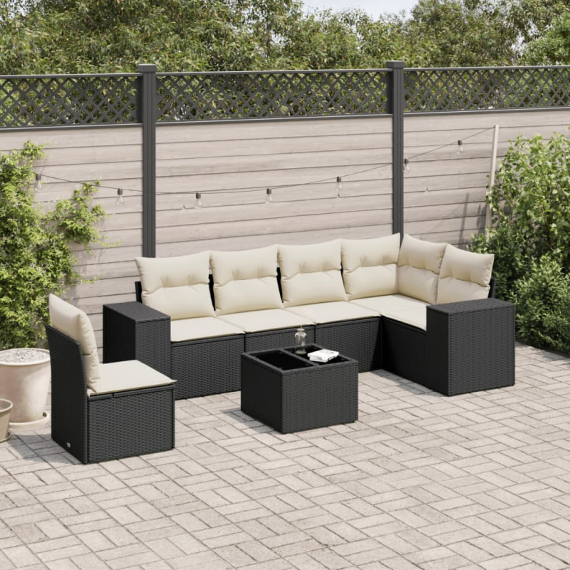 7-tlg. Garten-Sofagarnitur mit Kissen Schwarz Poly Rattan