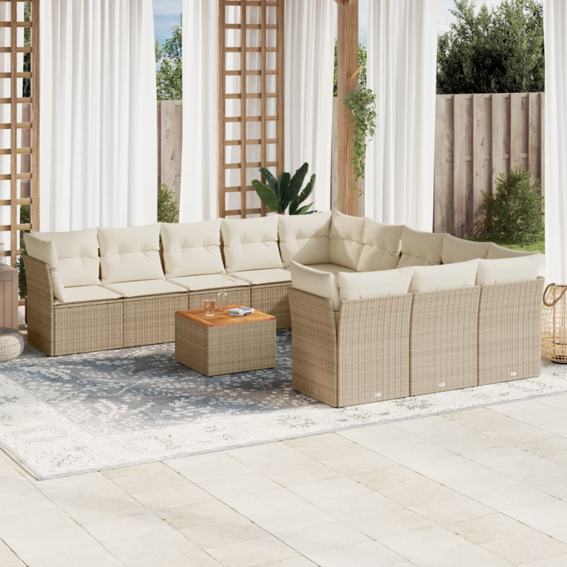 12-tlg. Garten-Sofagarnitur mit Kissen Beige Poly Rattan