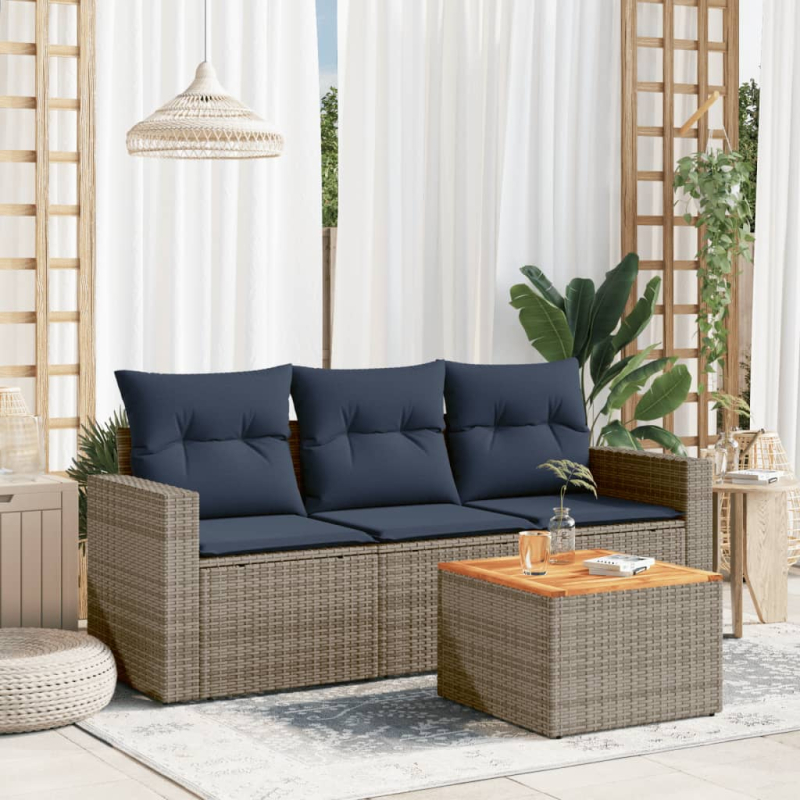 4-tlg. Garten-Sofagarnitur mit Kissen Grau Poly Rattan