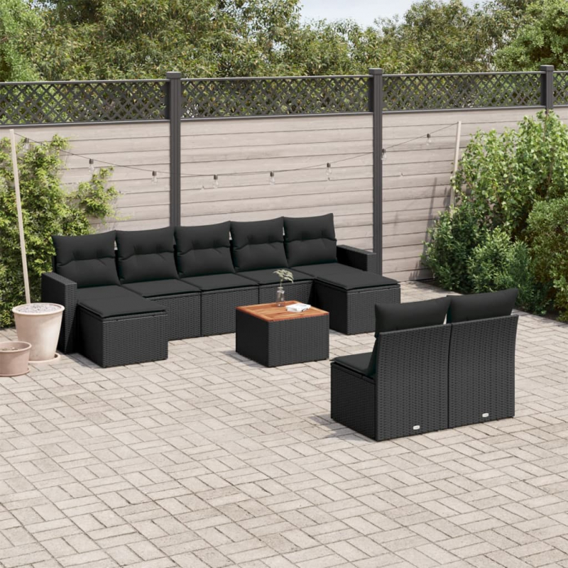 10-tlg. Garten-Sofagarnitur mit Kissen Schwarz Poly Rattan