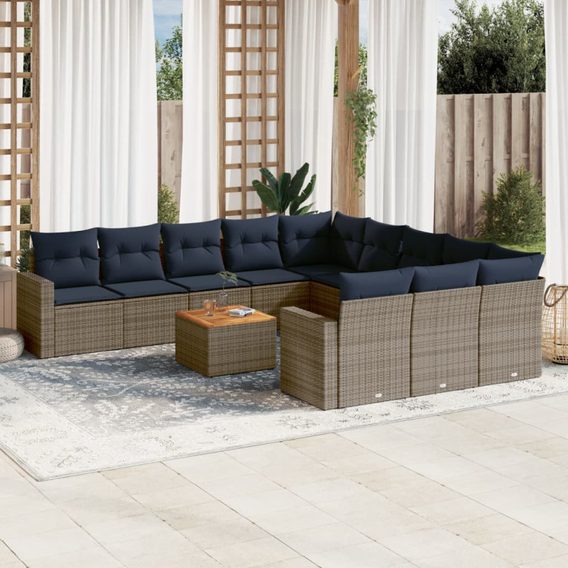 12-tlg. Garten-Sofagarnitur mit Kissen Grau Poly Rattan