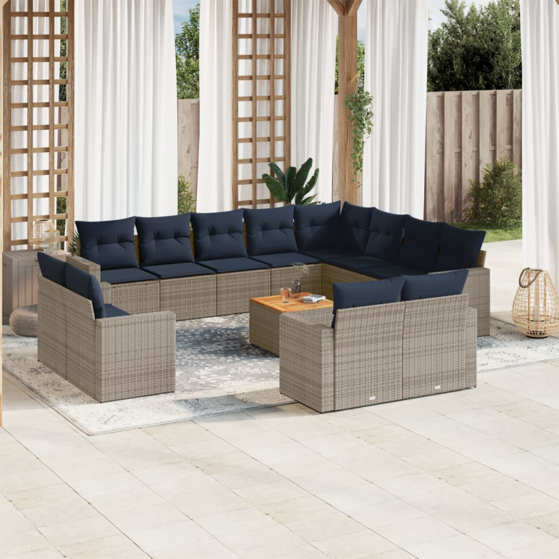 13-tlg. Garten-Sofagarnitur mit Kissen Grau Poly Rattan