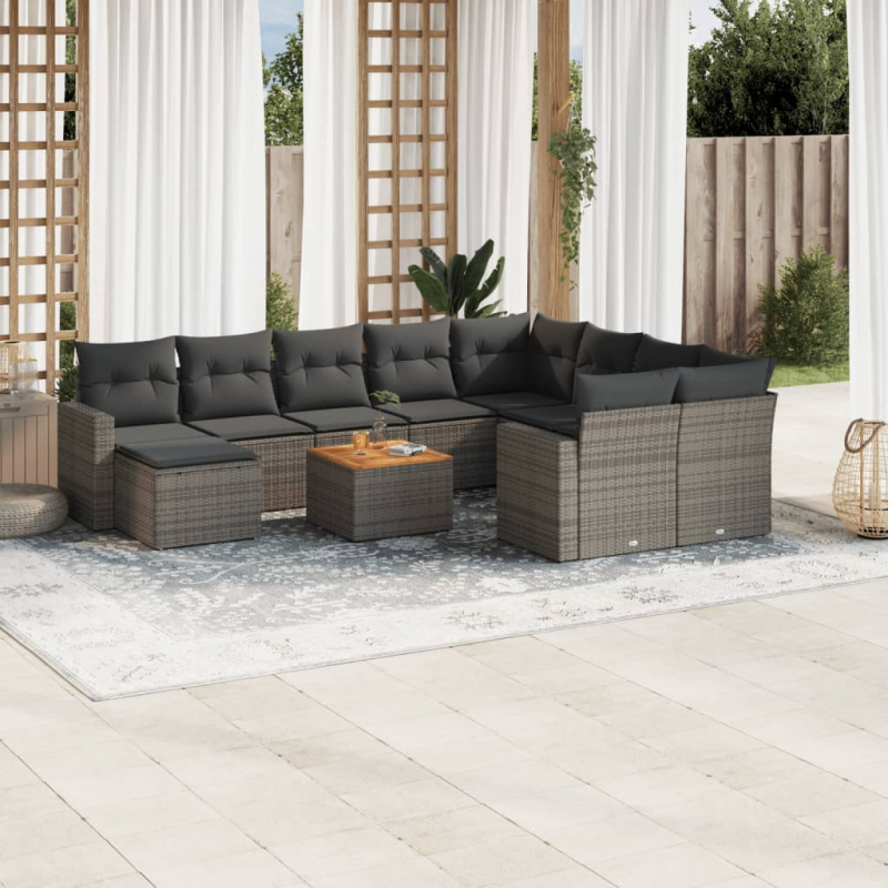 11-tlg. Garten-Sofagarnitur mit Kissen Grau Poly Rattan