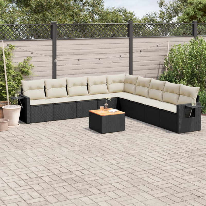 10-tlg. Garten-Sofagarnitur mit Kissen Schwarz Poly Rattan