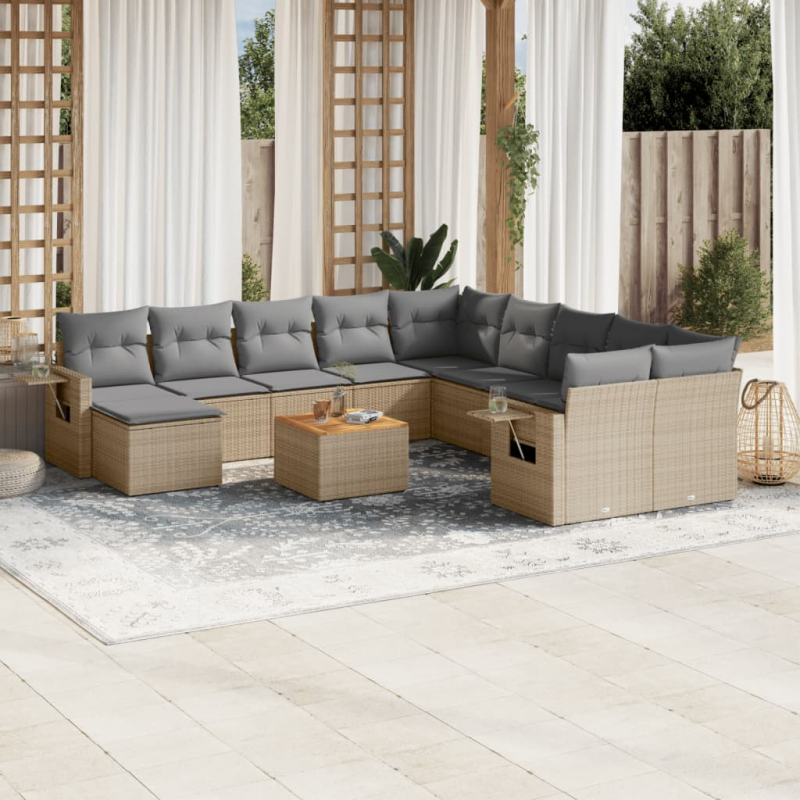 12-tlg. Garten-Sofagarnitur mit Kissen Beige Poly Rattan