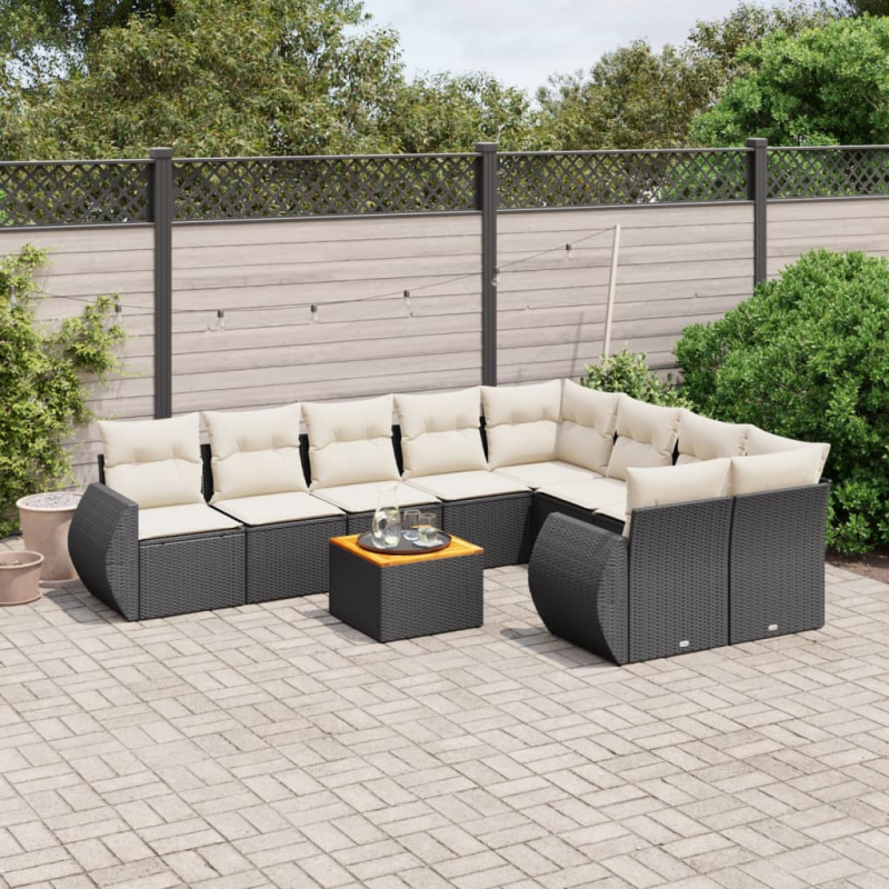 10-tlg. Garten-Sofagarnitur mit Kissen Schwarz Poly Rattan