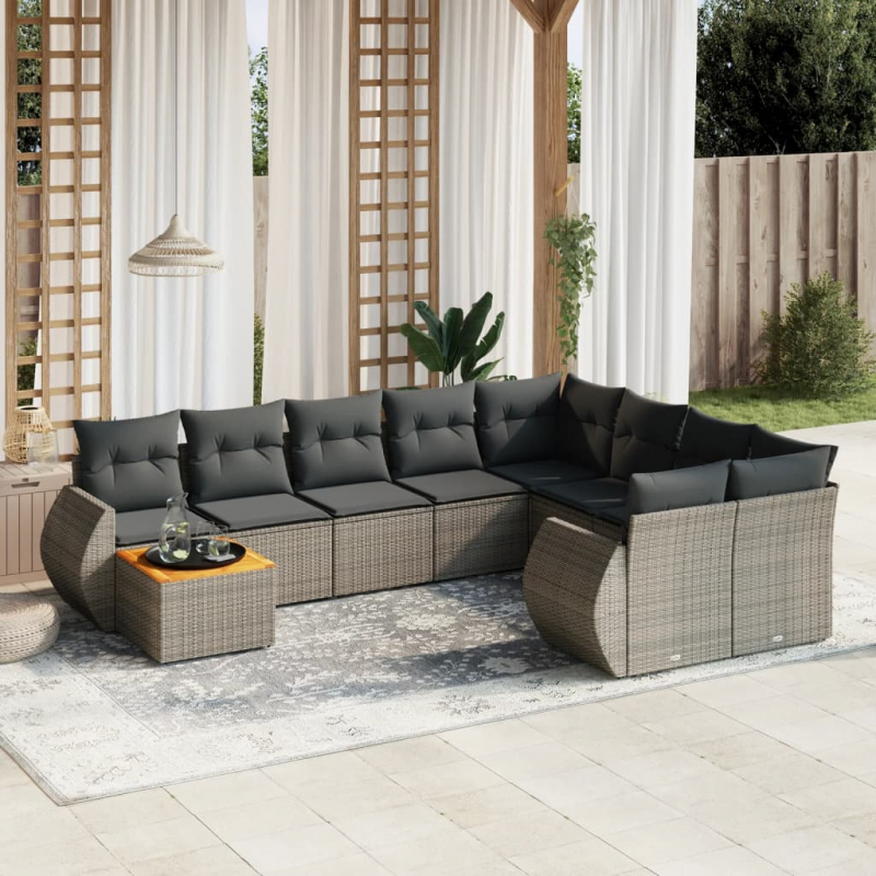 10-tlg. Garten-Sofagarnitur mit Kissen Grau Poly Rattan