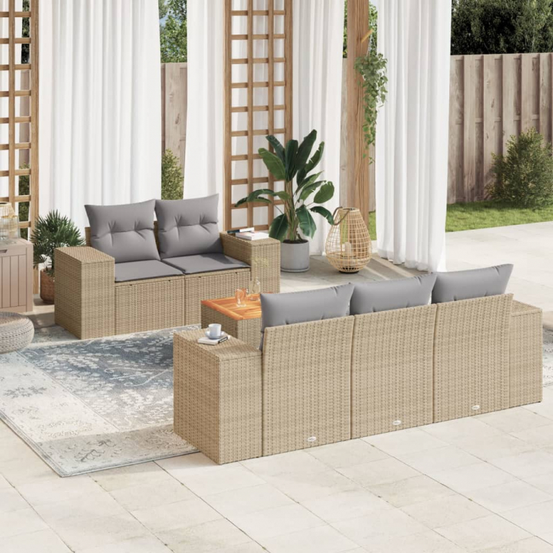 6-tlg. Garten-Sofagarnitur mit Kissen Beige Poly Rattan