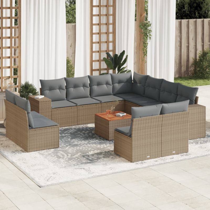 12-tlg. Garten-Sofagarnitur mit Kissen Beige Poly Rattan