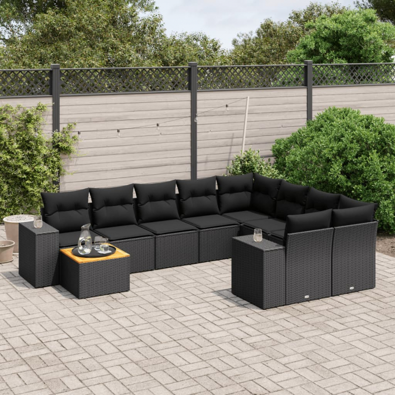 10-tlg. Garten-Sofagarnitur mit Kissen Schwarz Poly Rattan