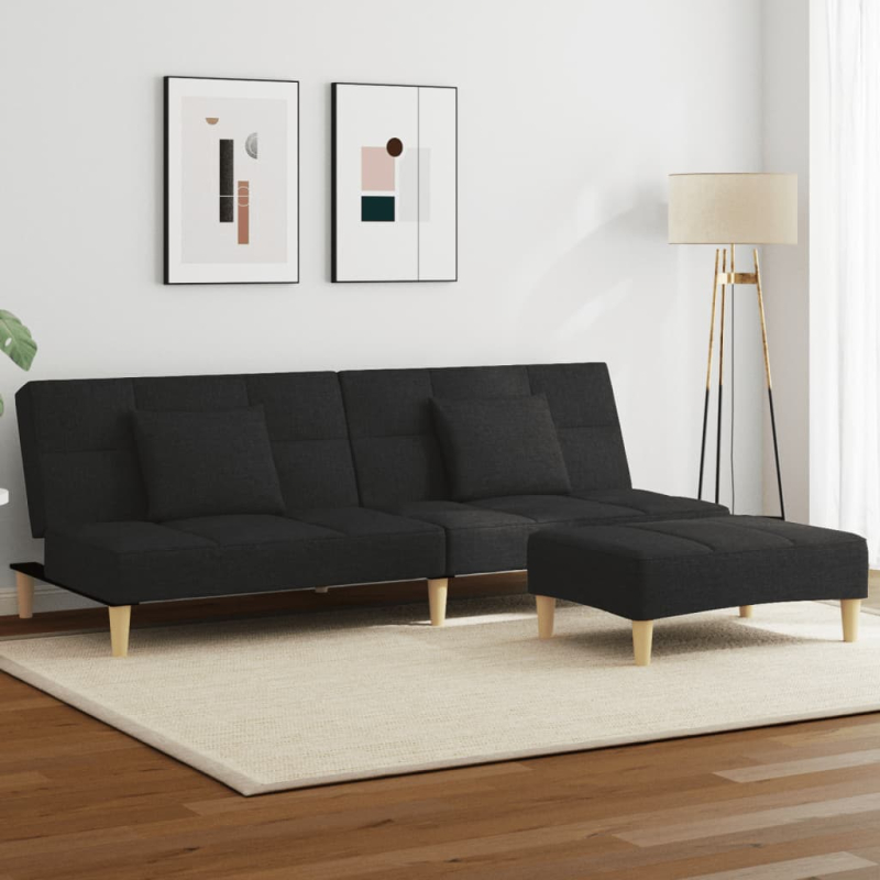 Schlafsofa 2-Sitzer mit Fußhocker Schwarz Stoff
