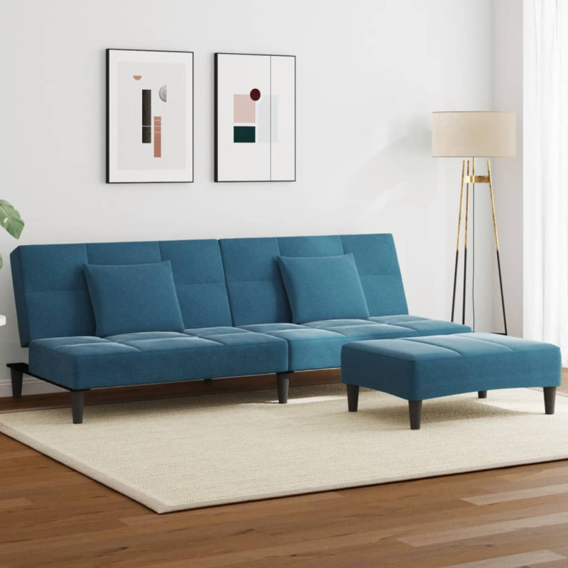 Schlafsofa 2-Sitzer mit Fußhocker Blau Samt