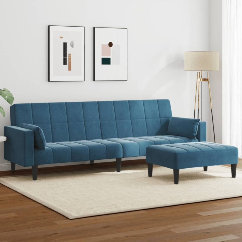 Schlafsofa 2-Sitzer mit Fußhocker Blau Samt