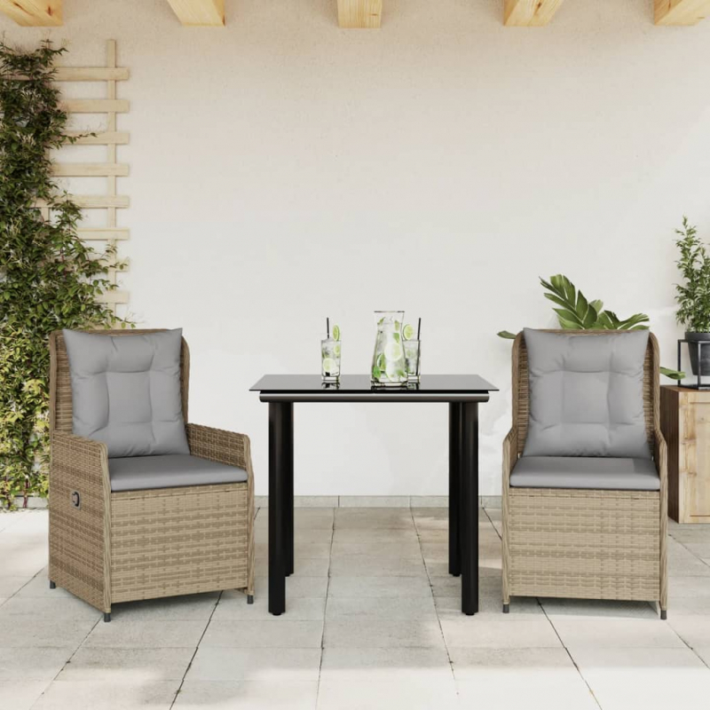 3-tlg. Garten-Essgruppe mit Kissen Beige Poly Rattan