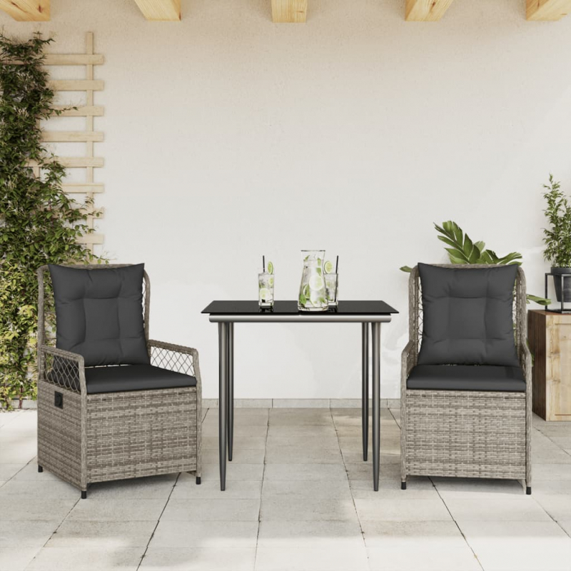 3-tlg. Garten-Essgruppe mit Kissen Grau Poly Rattan