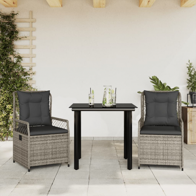 3-tlg. Garten-Essgruppe mit Kissen Grau Poly Rattan