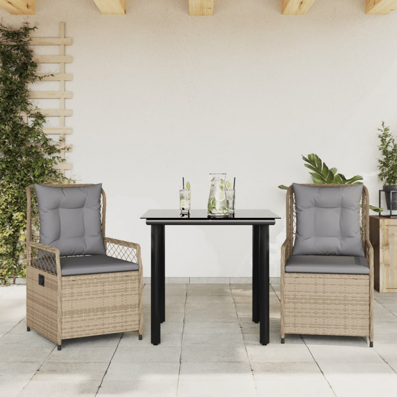3-tlg. Garten-Essgruppe mit Kissen Beige Poly Rattan