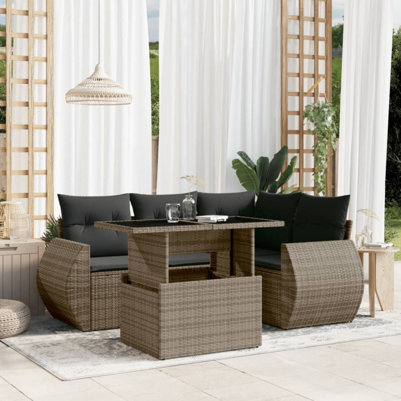 5-tlg. Garten-Sofagarnitur mit Kissen Grau Poly Rattan