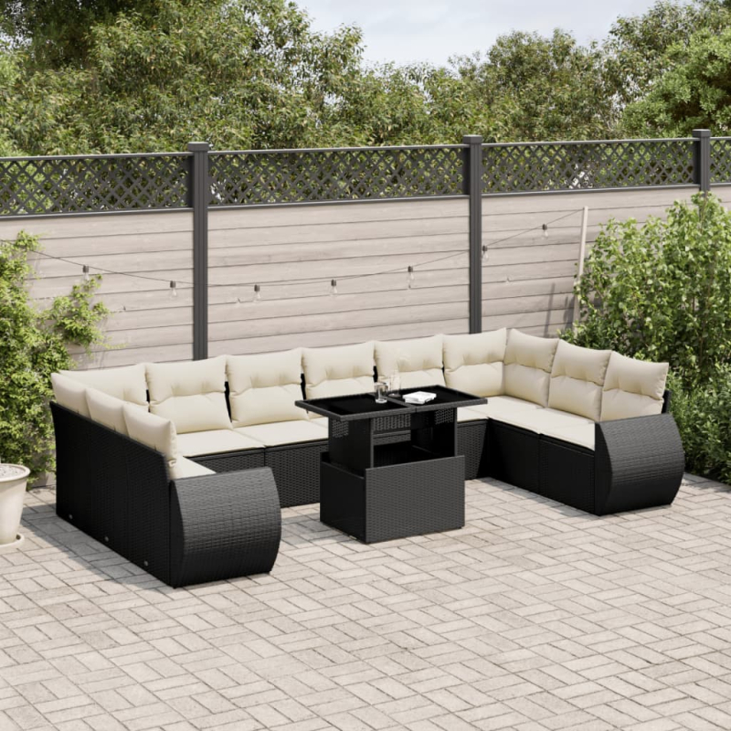 11-tlg. Garten-Sofagarnitur mit Kissen Schwarz Poly Rattan