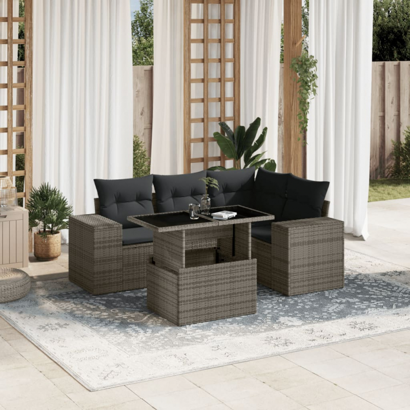 5-tlg. Garten-Sofagarnitur mit Kissen Grau Poly Rattan