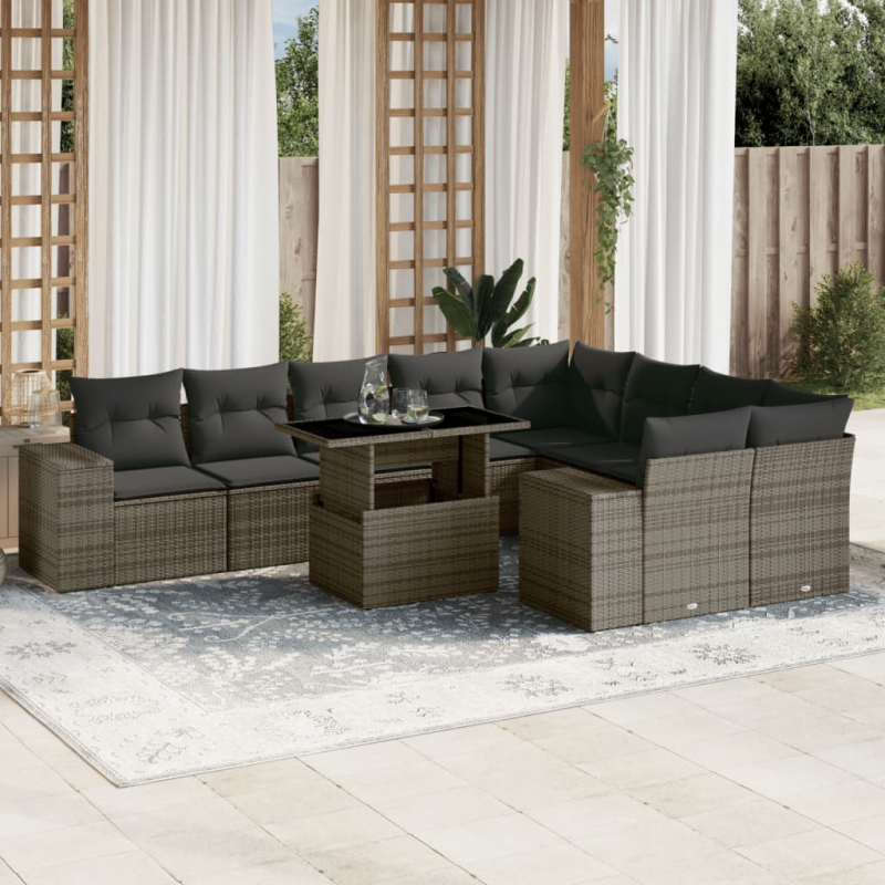 10-tlg. Garten-Sofagarnitur mit Kissen Grau Poly Rattan