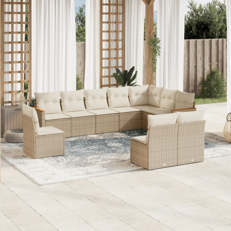 10-tlg. Garten-Sofagarnitur mit Kissen Beige Poly Rattan
