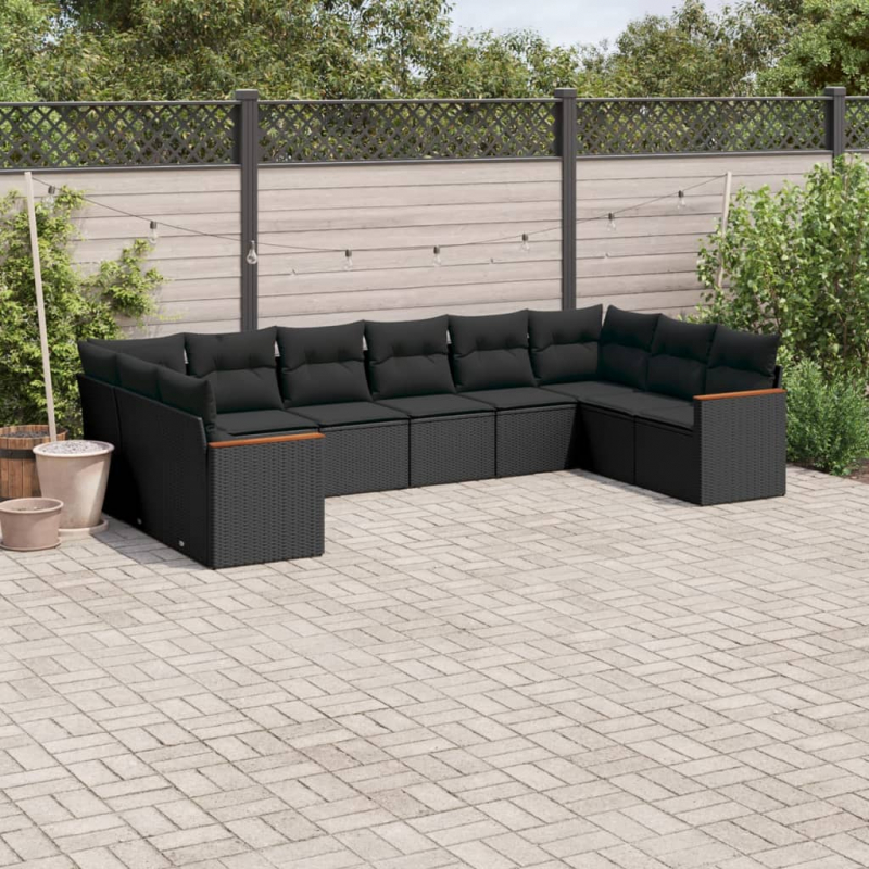 10-tlg. Garten-Sofagarnitur mit Kissen Schwarz Poly Rattan