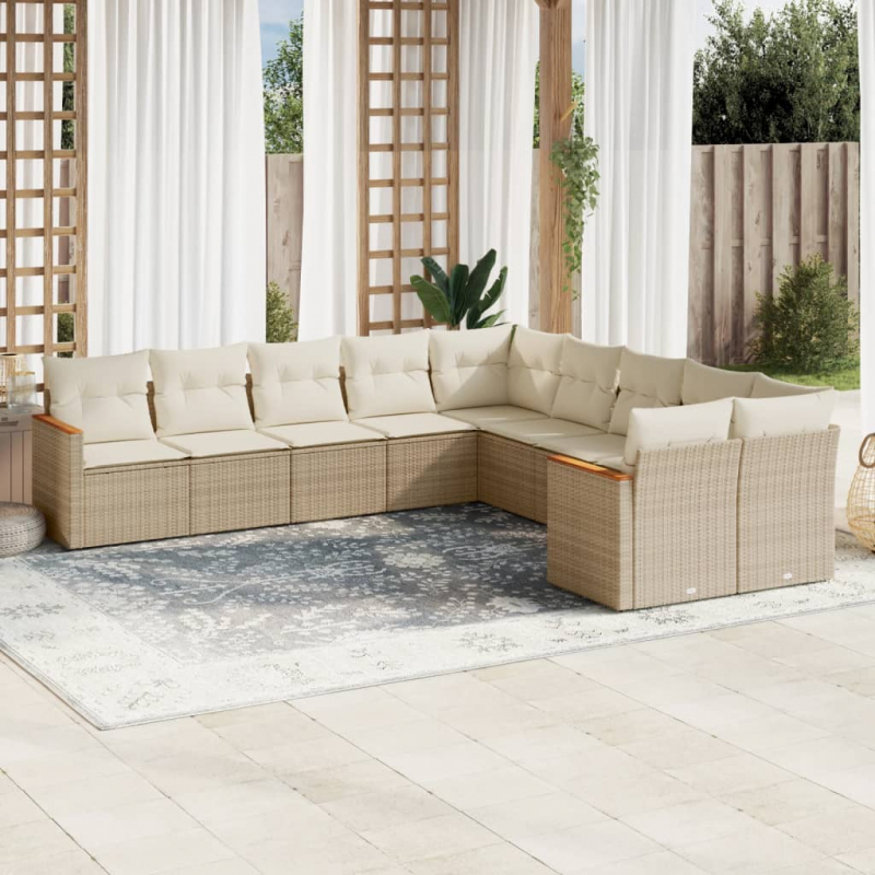 10-tlg. Garten-Sofagarnitur mit Kissen Beige Poly Rattan