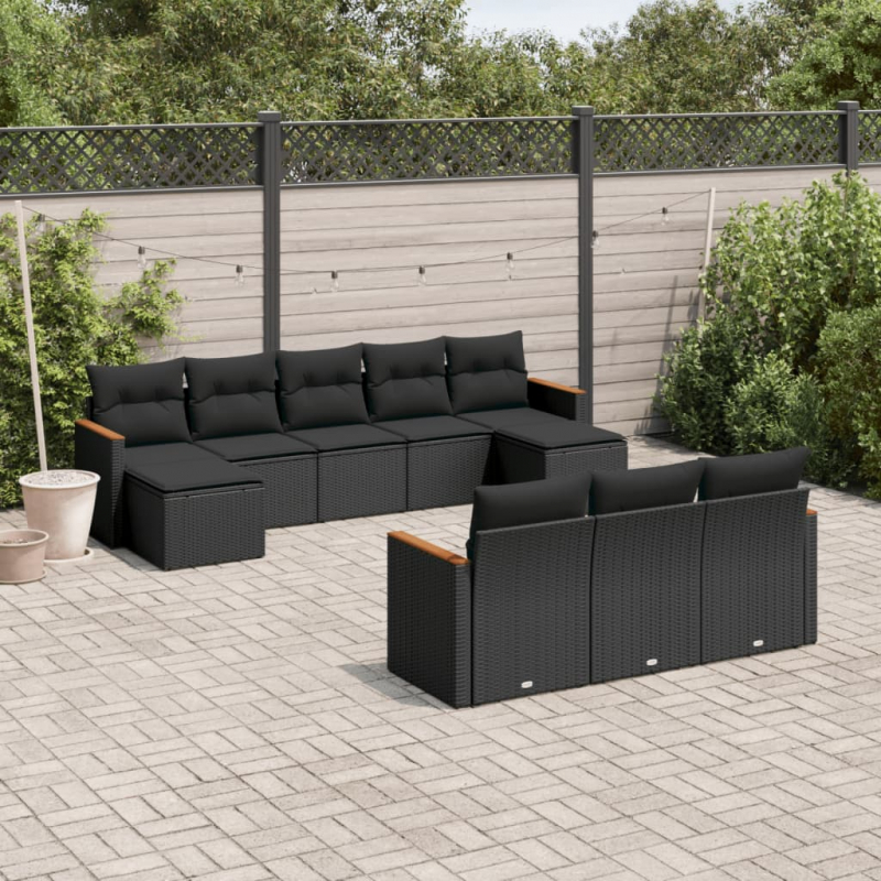 10-tlg. Garten-Sofagarnitur mit Kissen Schwarz Poly Rattan