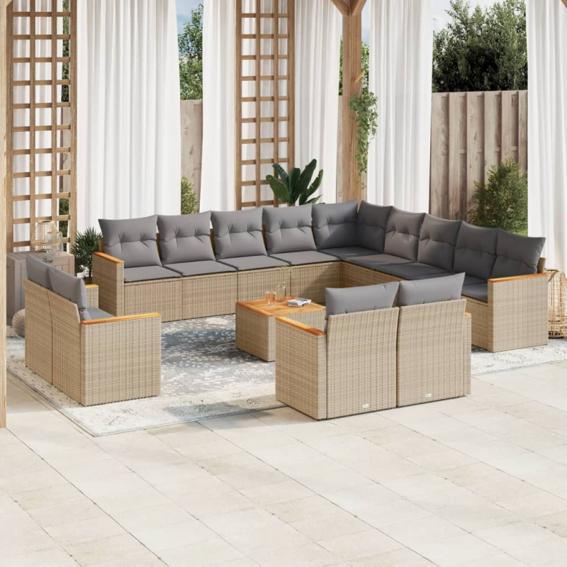 14-tlg. Garten-Sofagarnitur mit Kissen Beige Poly Rattan