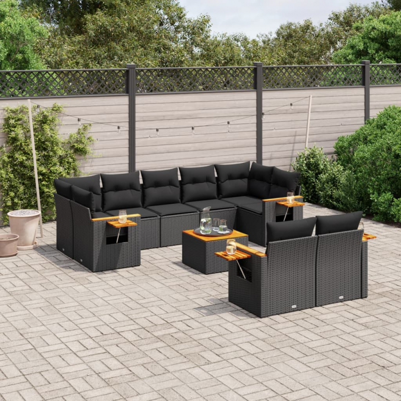 10-tlg. Garten-Sofagarnitur mit Kissen Schwarz Poly Rattan