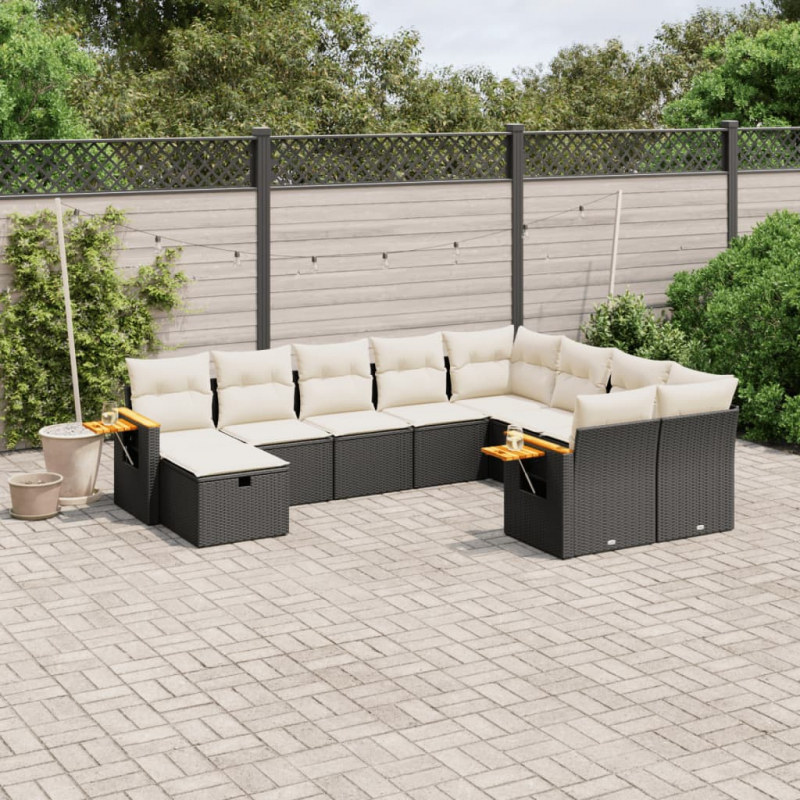 10-tlg. Garten-Sofagarnitur mit Kissen Schwarz Poly Rattan