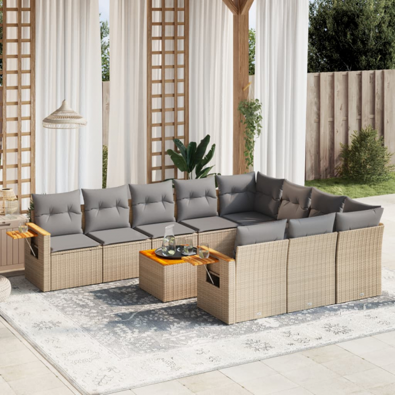 11-tlg. Garten-Sofagarnitur mit Kissen Beige Poly Rattan