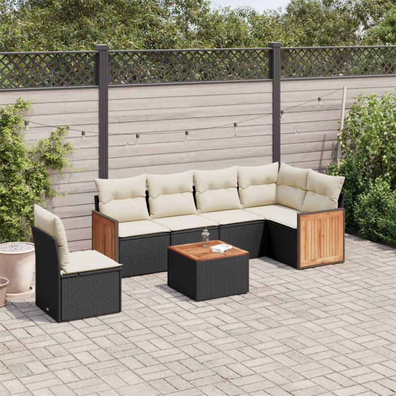 7-tlg. Garten-Sofagarnitur mit Kissen Schwarz Poly Rattan