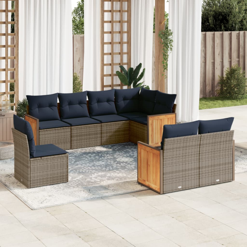 8-tlg. Garten-Sofagarnitur mit Kissen Grau Poly Rattan