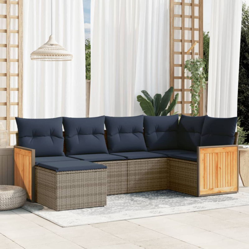 6-tlg. Garten-Sofagarnitur mit Kissen Grau Poly Rattan