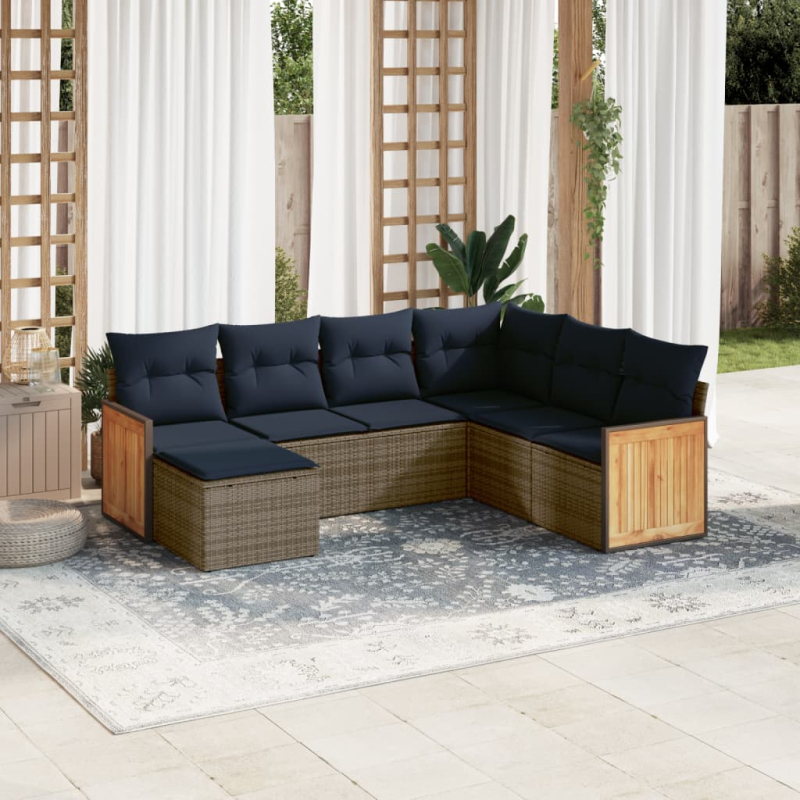7-tlg. Garten-Sofagarnitur mit Kissen Grau Poly Rattan