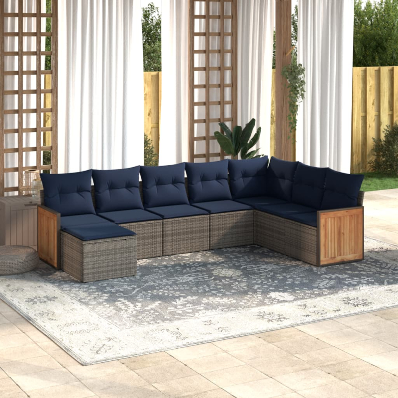8-tlg. Garten-Sofagarnitur mit Kissen Grau Poly Rattan