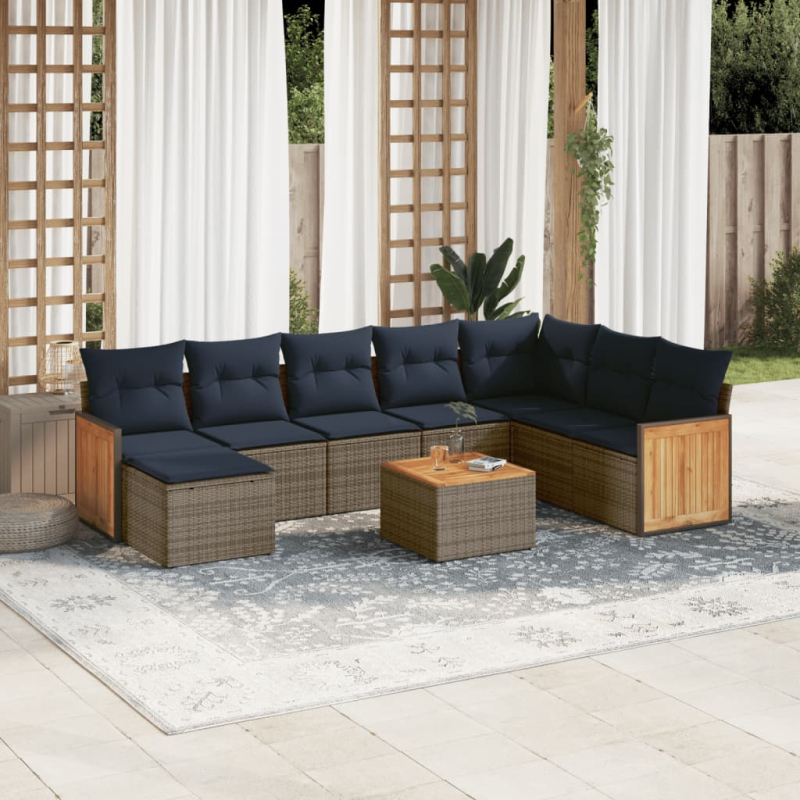 9-tlg. Garten-Sofagarnitur mit Kissen Grau Poly Rattan